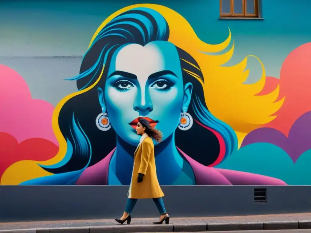 Mural vibrante de mujeres artistas contemporáneas en Montevideo, Uruguay, uniendo estilos y perspectivas en una obra colaborativa llena de color y empoderamiento