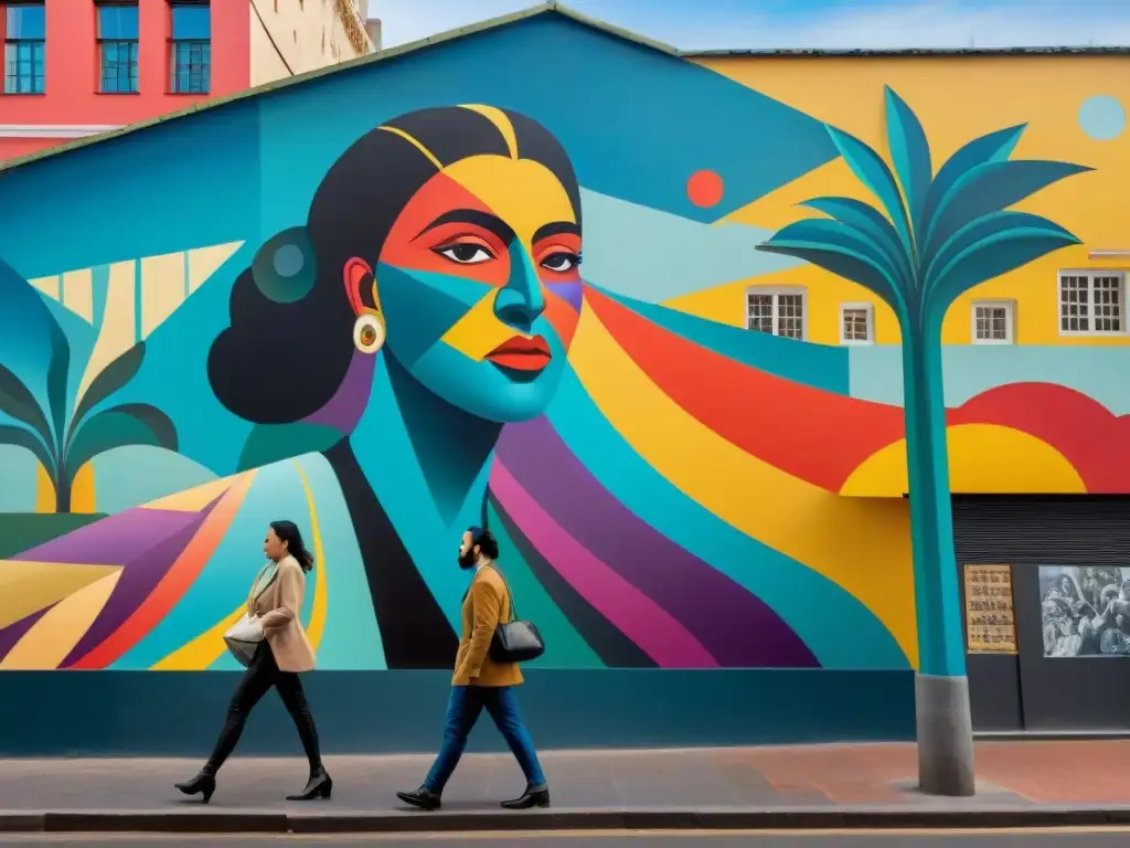 Mural vibrante en Montevideo, Uruguay: Narrativa Visual de Arte contemporáneo con figuras dinámicas y colores llamativos