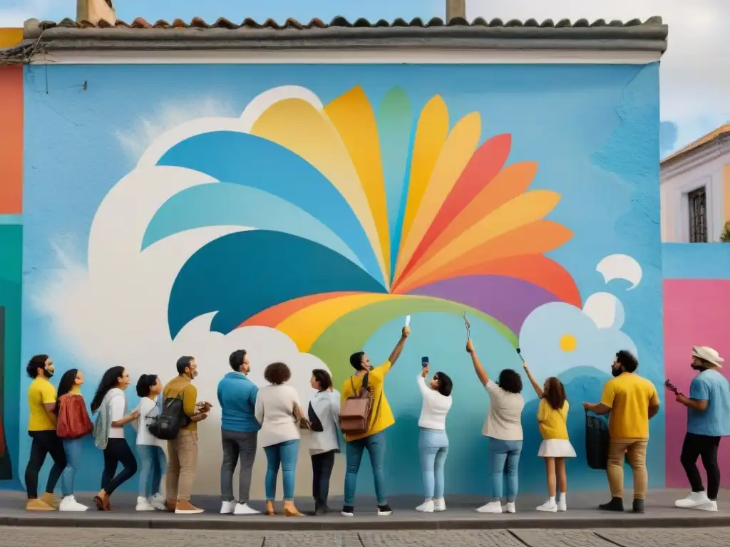 Un mural vibrante en Montevideo, Uruguay, muestra niños diversos pintando juntos bajo el sol, reflejando unidad y creatividad