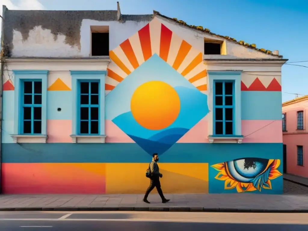 Un mural vibrante en una pared agrietada de un edificio abandonado en Uruguay, con patrones geométricos y símbolos indígenas, artistas locales trabajando armoniosamente al atardecer sobre el horizonte de la ciudad, proyectando una cálida luz en el espacio revitalizado