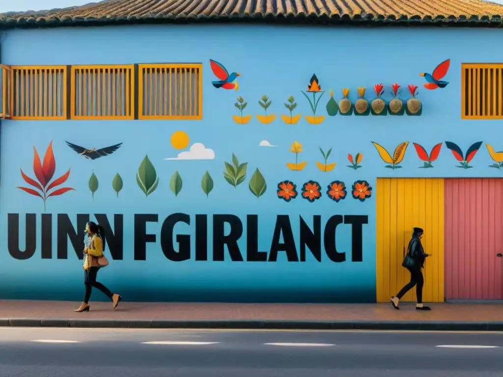 Mural vibrante en una pared de Uruguay mostrando arte contemporáneo y comunidades vulnerables unidas en expresión creativa