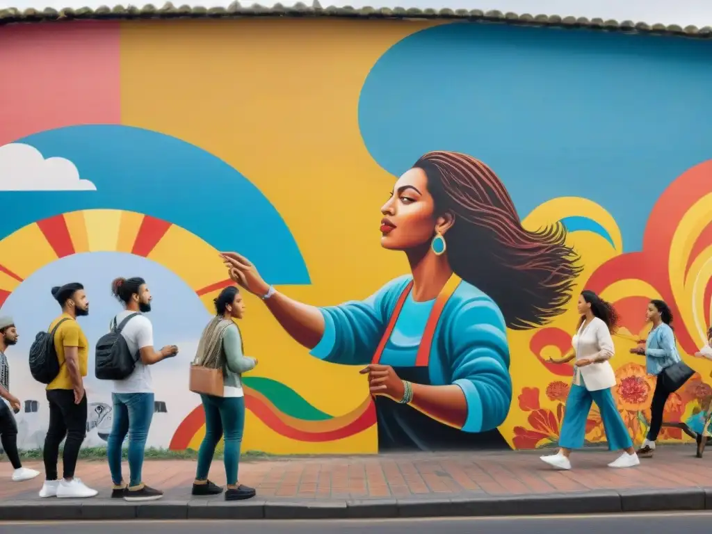 Un mural vibrante en una pared de la ciudad de Uruguay muestra la unión de diversas comunidades en arte contemporáneo uruguayo comunidades vulnerables