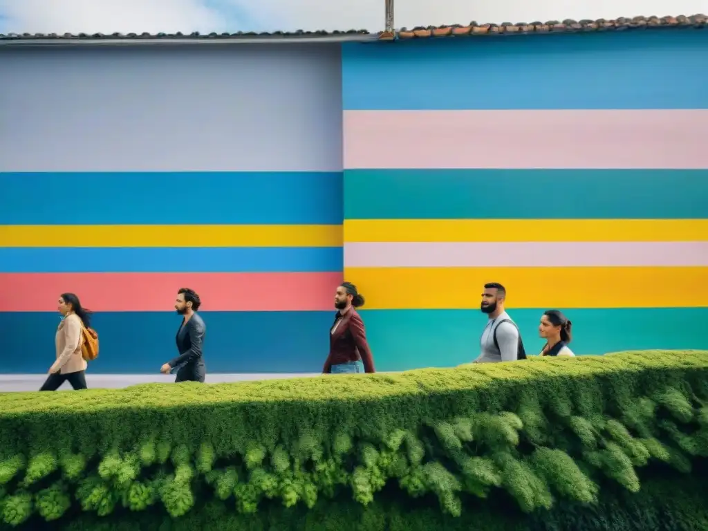 Mural vibrante en una pared de Uruguay: gente diversa en armonía entre naturaleza y formas abstractas coloridas