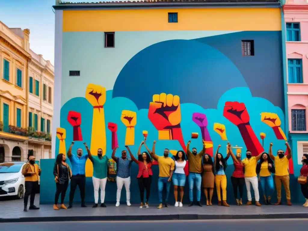 Un mural vibrante en Montevideo muestra protesta con expresiones determinadas y puños alzados