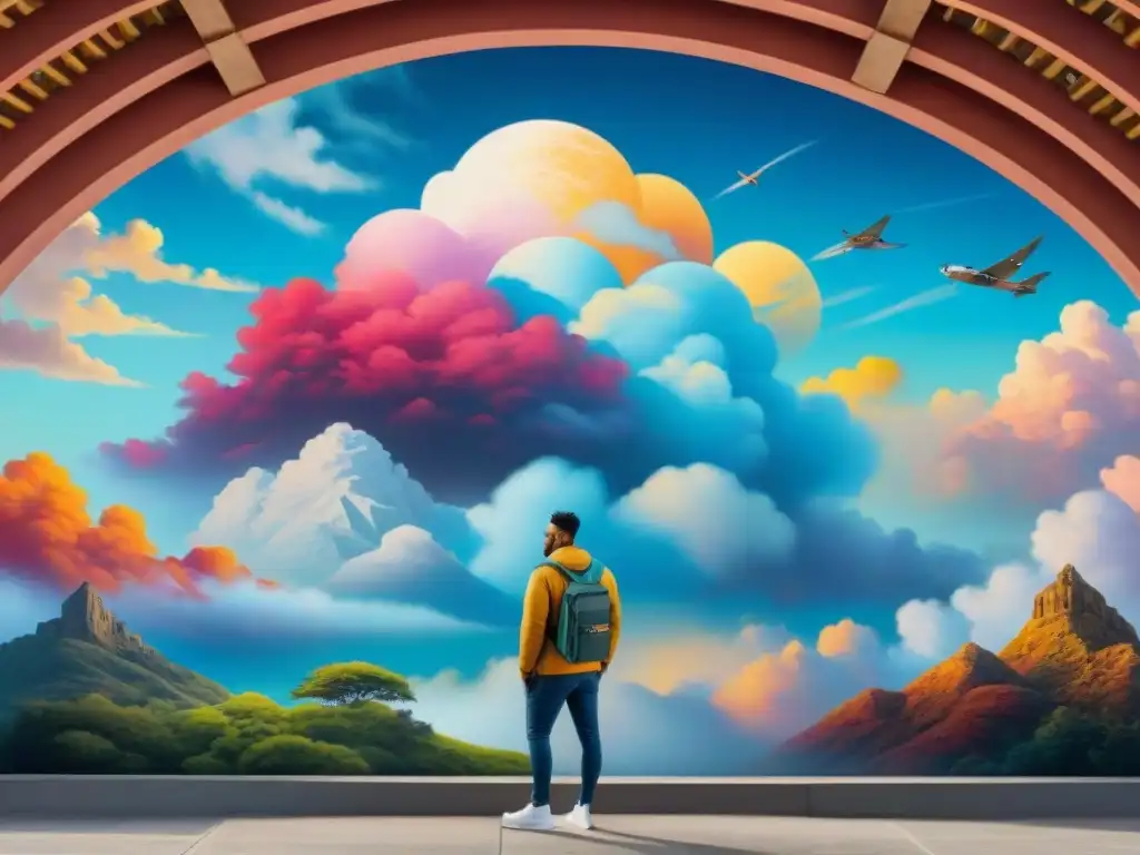 Un mural vibrante y provocador que muestra artistas desafiantes creando arte entre nubes de símbolos de censura, transmitiendo resiliencia y creatividad