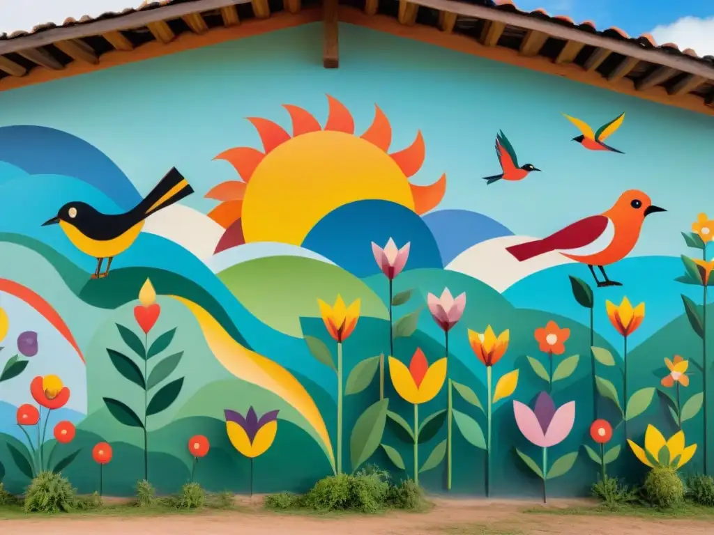 Un mural vibrante en un pueblo uruguayo, reflejando arte comunitario y atrayendo turismo con colores y naturaleza