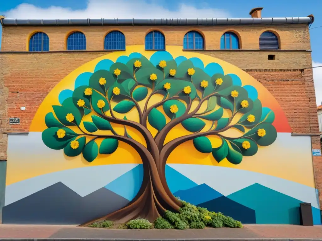 Un mural vibrante en Uruguay con raíces intrincadas, flores coloridas y elementos sostenibles