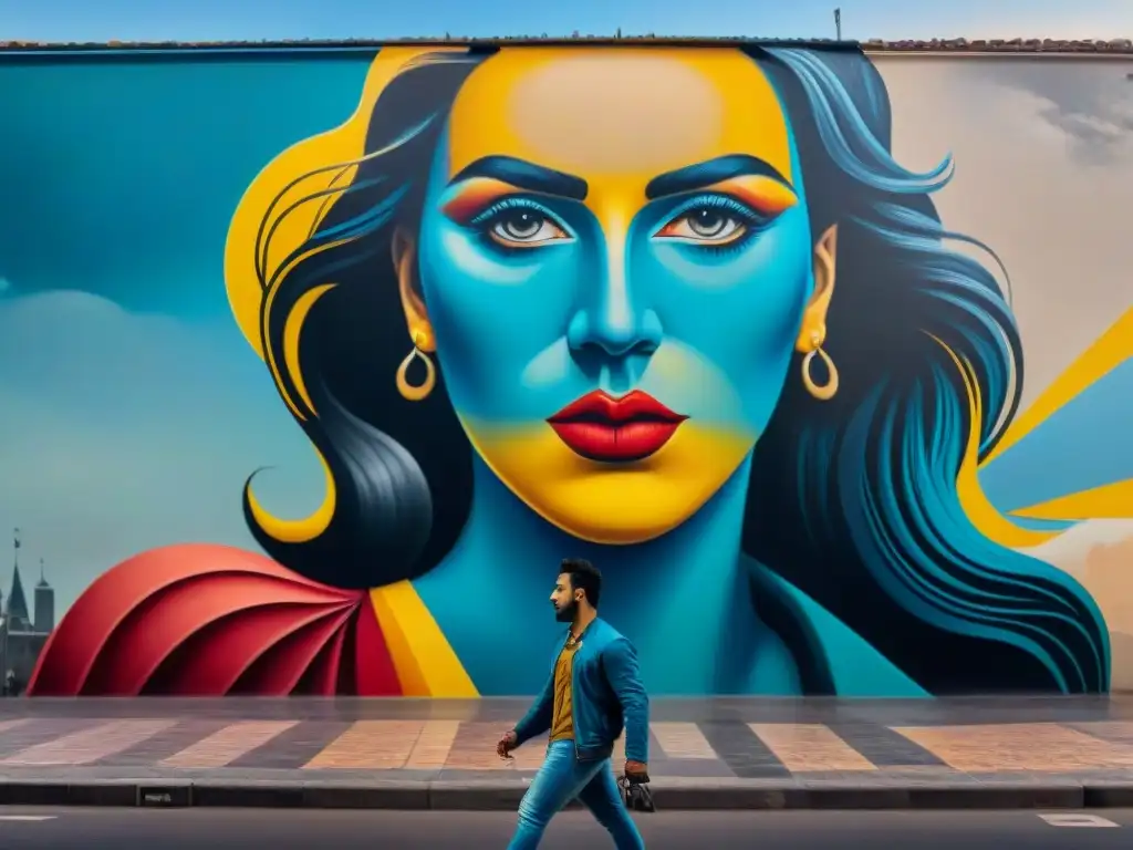 Mural vibrante de resistencia y pasión en Montevideo, Uruguay, con artistas creando arte en medio de elementos simbólicos