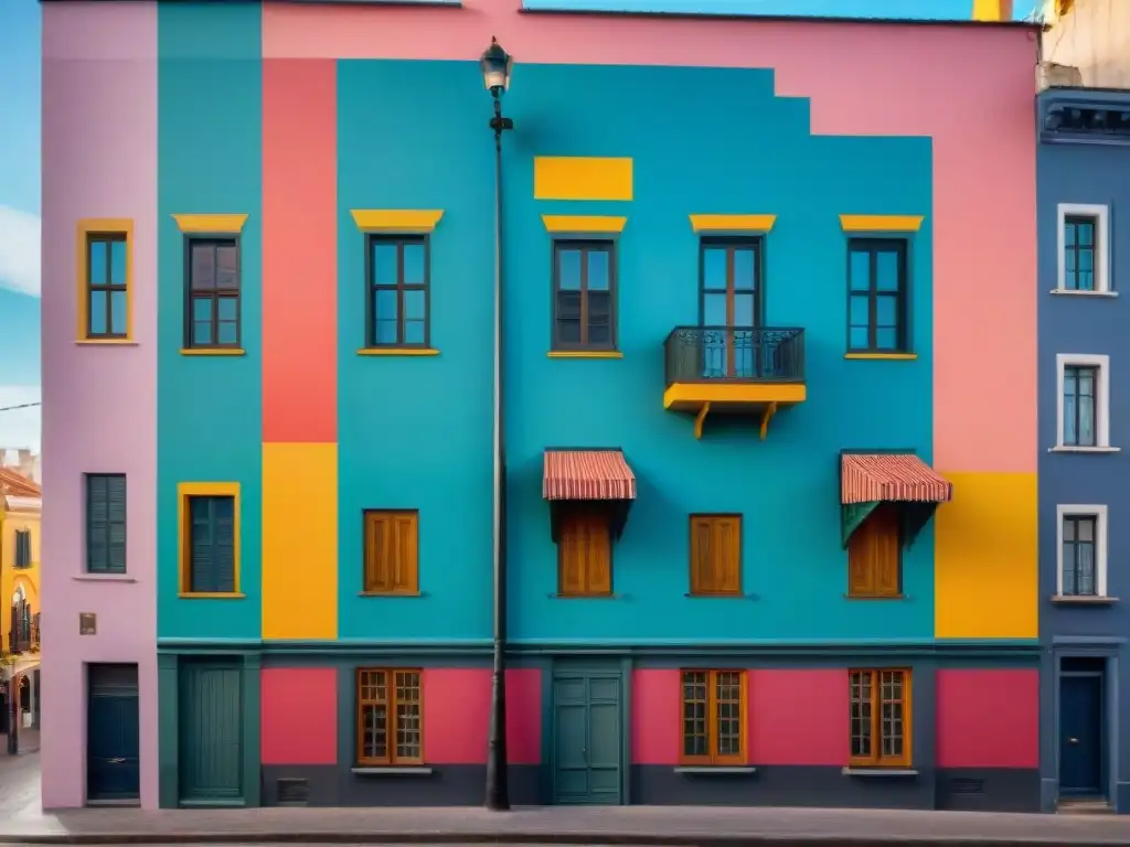 Un mural vibrante en Montevideo con un retrato de un artista local creando arte urbano rodeado de formas y patrones coloridos que simbolizan la diversidad cultural de la ciudad