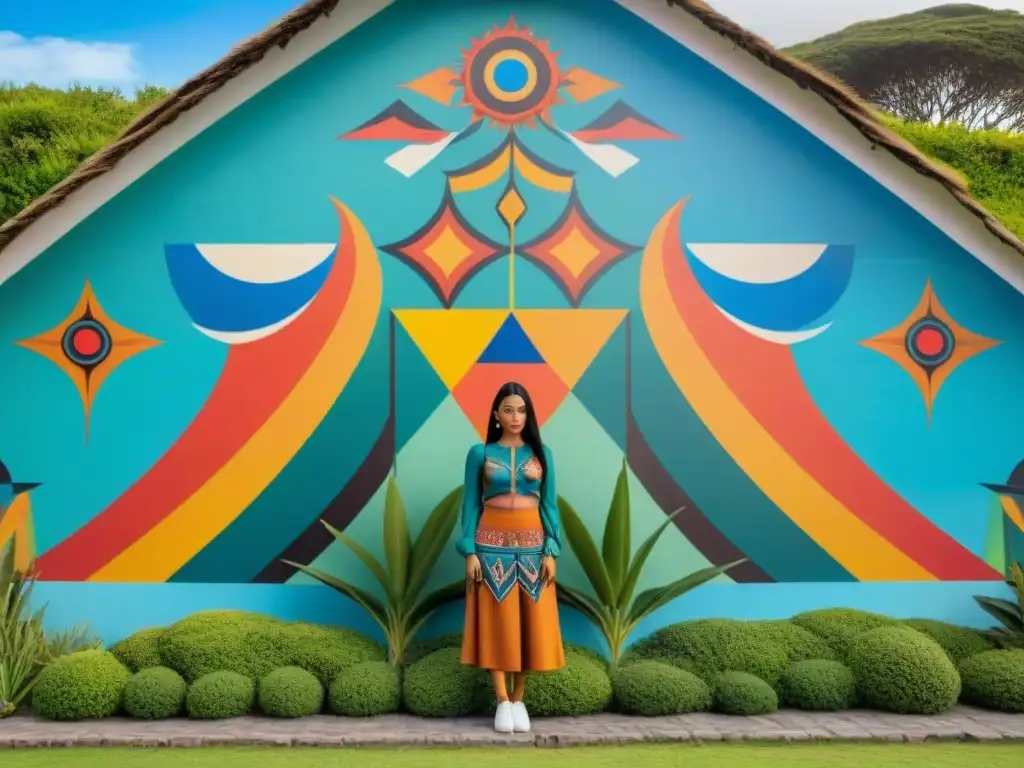 Un mural vibrante que fusiona símbolos indígenas con técnicas artísticas modernas en Uruguay, en armonía con la naturaleza