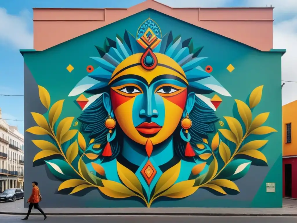 Un mural vibrante en Montevideo, Uruguay, fusiona símbolos tradicionales con técnicas modernas en el arte contemporáneo indígena Uruguay