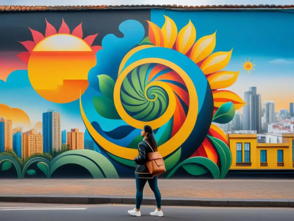 Un mural vibrante que fusiona símbolos tradicionales uruguayos con elementos urbanos modernos