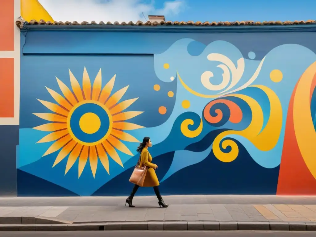 Un mural vibrante en Montevideo, Uruguay, fusionando símbolos tradicionales con un toque moderno