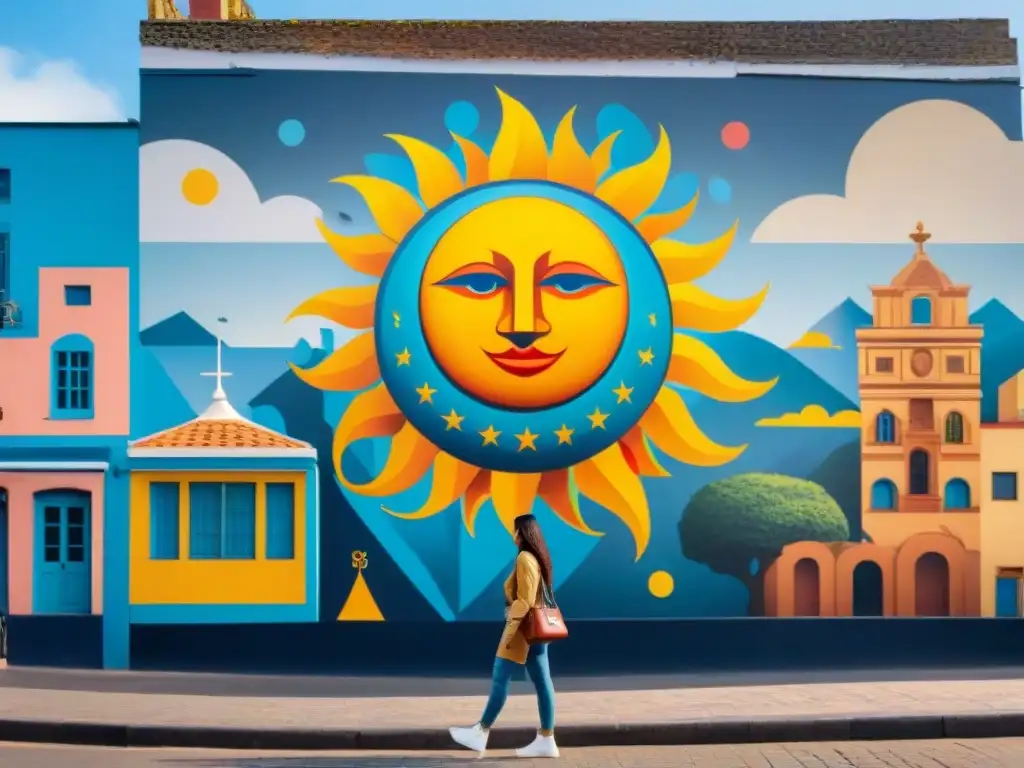 Un mural vibrante que fusiona símbolos tradicionales uruguayos con elementos modernos, en una plaza urbana llena de diversidad