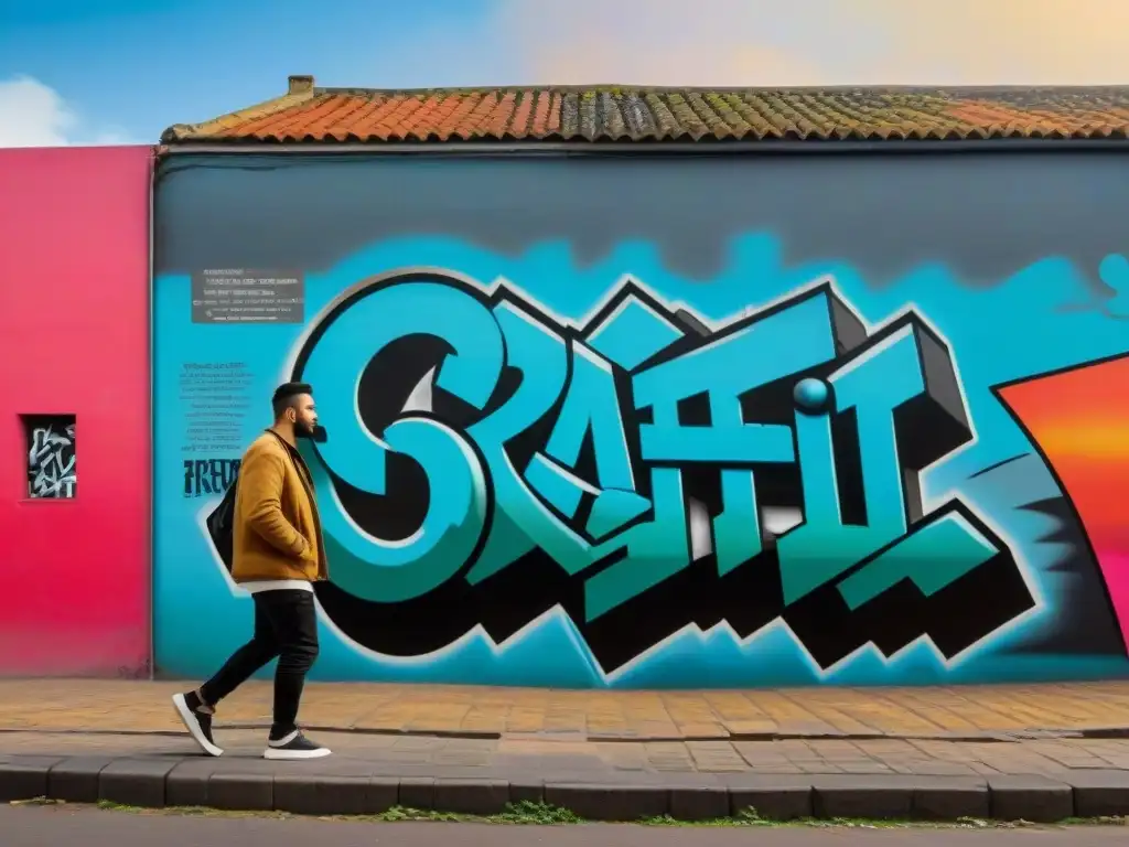 Un mural vibrante que muestra la evolución del graffiti en Uruguay, desde simples tags hasta piezas coloridas e intricadas que mezclan motivos culturales con técnicas modernas