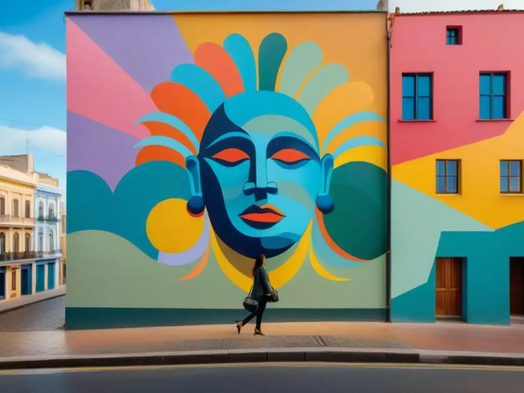 Un mural vibrante en Montevideo, Uruguay, reflejando la terapia artística en Uruguay con figuras creativas y coloridas