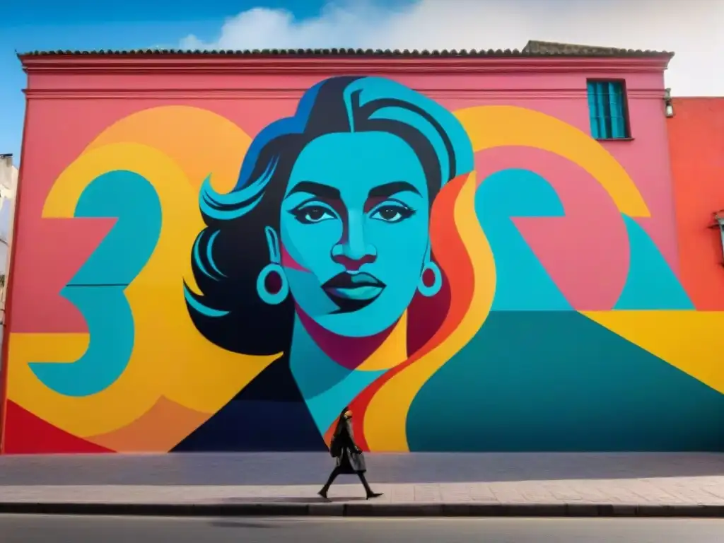 Un mural vibrante que simboliza la reintegración social en Uruguay a través del arte contemporáneo, fusionando colores y formas abstractas