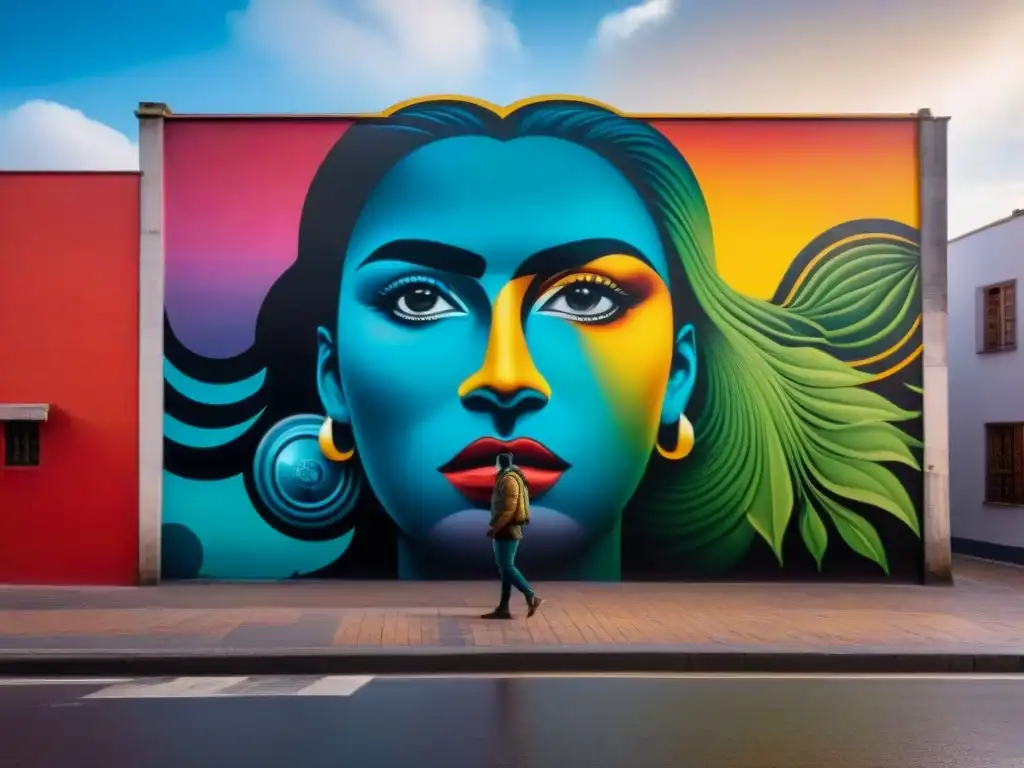 Un mural vibrante de video arte contemporáneo en Montevideo, Uruguay, fusionando elementos culturales uruguayos con modernidad