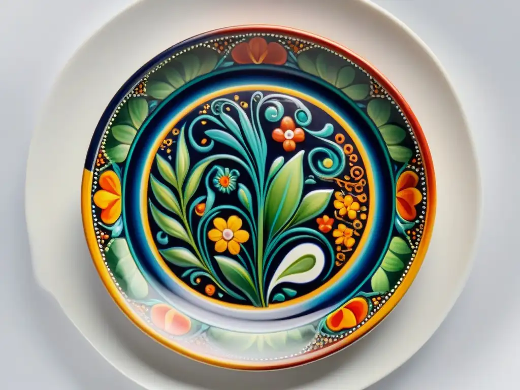 Una obra de arte contemporáneo uruguayo en un plato cerámico pintado a mano, con motivos tradicionales y colores vibrantes sobre fondo blanco