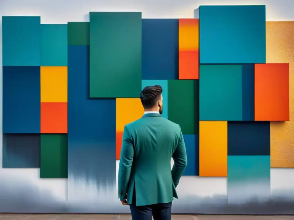 Obra de arte contemporáneo uruguayo: pintura abstracta vibrante con formas geométricas en azules, naranjas y verdes, dinámicas y expresivas