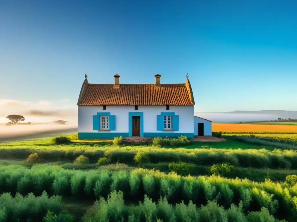 Una obra de arte contemporáneo uruguayo que muestra un campo rural con una casa de campo rústica en un escenario sereno y atemporal