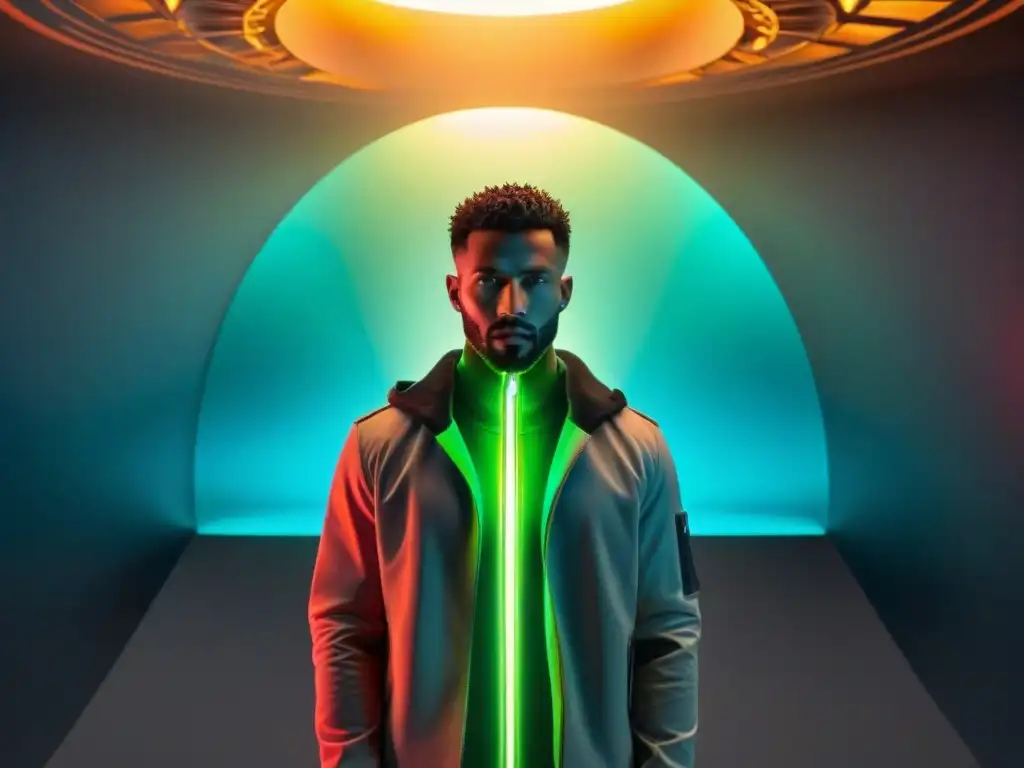 Arte digital futurista: fusión de formas orgánicas y geométricas en neón vibrante Una obra de arte digital futurista que fusiona formas orgánicas y geométricas, vibrantes colores neón en contraste con un fondo oscuro