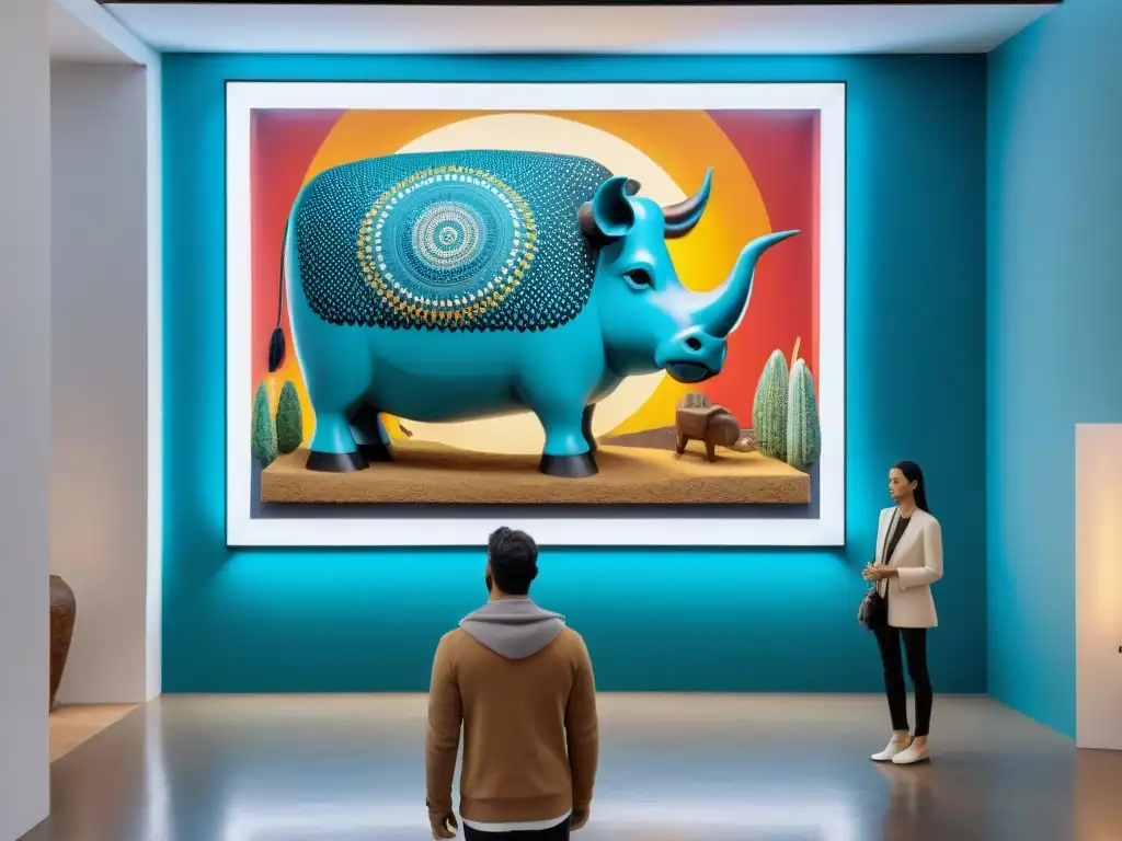 Una obra de arte moderno con una fusión de tecnología de realidad aumentada y arte tradicional de Uruguay, mostrando colores vibrantes y detalles intrincados que fusionan herencia e innovación en el ámbito artístico