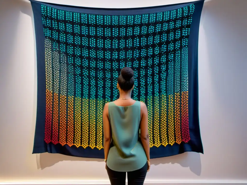 Obra de arte textil uruguaya contemporánea transformada en vibrantes colores y patrones intrincados, iluminada en galería moderna