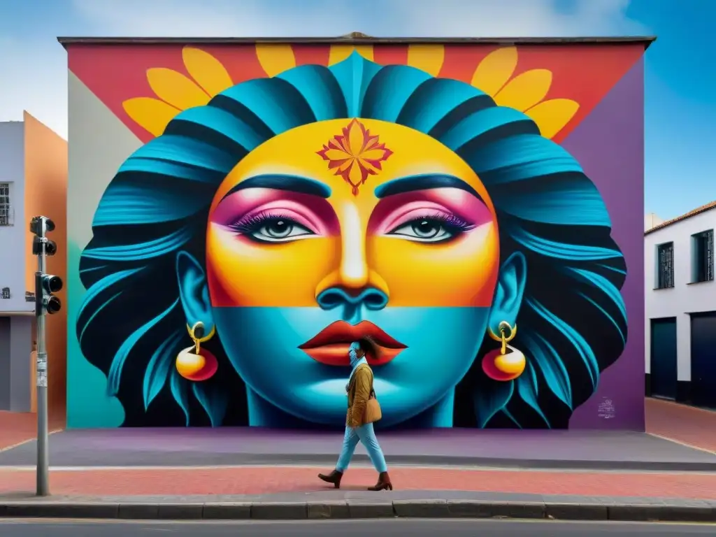 Una obra de arte urbano vibrante en Montevideo, Uruguay, fusionando influencias artísticas contemporáneas y tradicionales