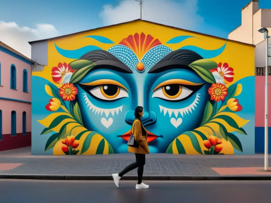 Una obra de arte urbano vibrante en Montevideo, Uruguay, fusionando tradición y modernidad en un mural detallado de 8k