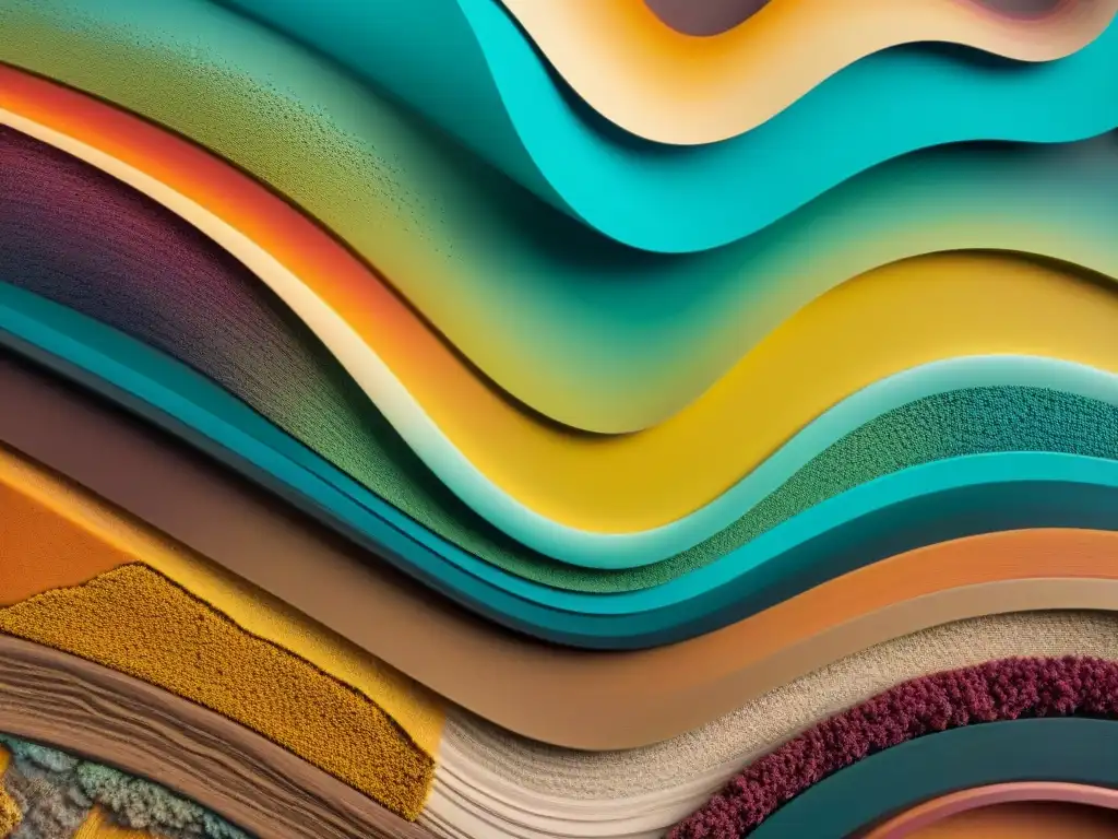 Arte mixto: Texturas vibrantes y contrastantes en closeup Una obra de arte uruguaya contemporánea que combina texturas ásperas, suaves, brillantes y opacas en una experiencia visual y táctil vibrante