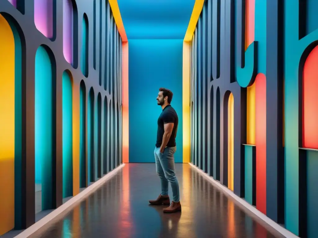 Una obra de arte vanguardista en un centro cultural de arte contemporáneo en Uruguay, con formas geométricas en colores vibrantes y luces dinámicas