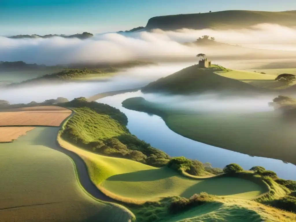 Fotografía contemporánea: Paisaje sereno de Uruguay al amanecer, con figura preparando cámara