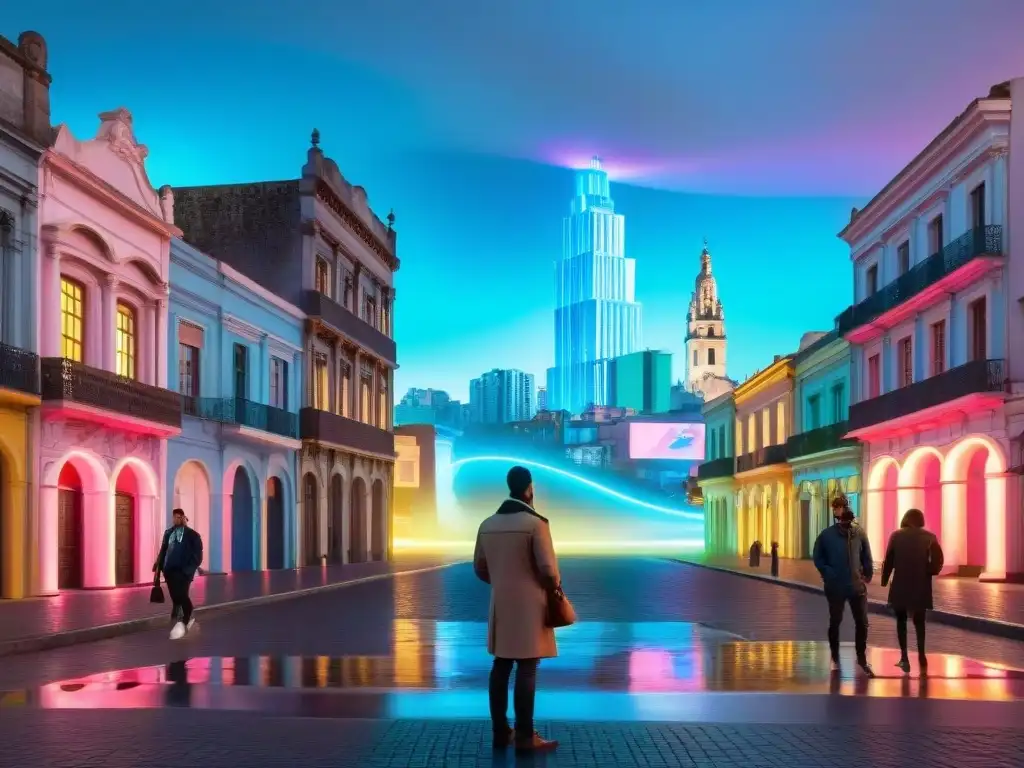 Un paisaje urbano futurista en Uruguay con arte en realidad aumentada, fusionando lo tradicional y lo digital