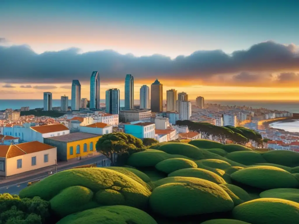 Un paisaje urbano futurista de Montevideo, Uruguay, en un atardecer tecnológico