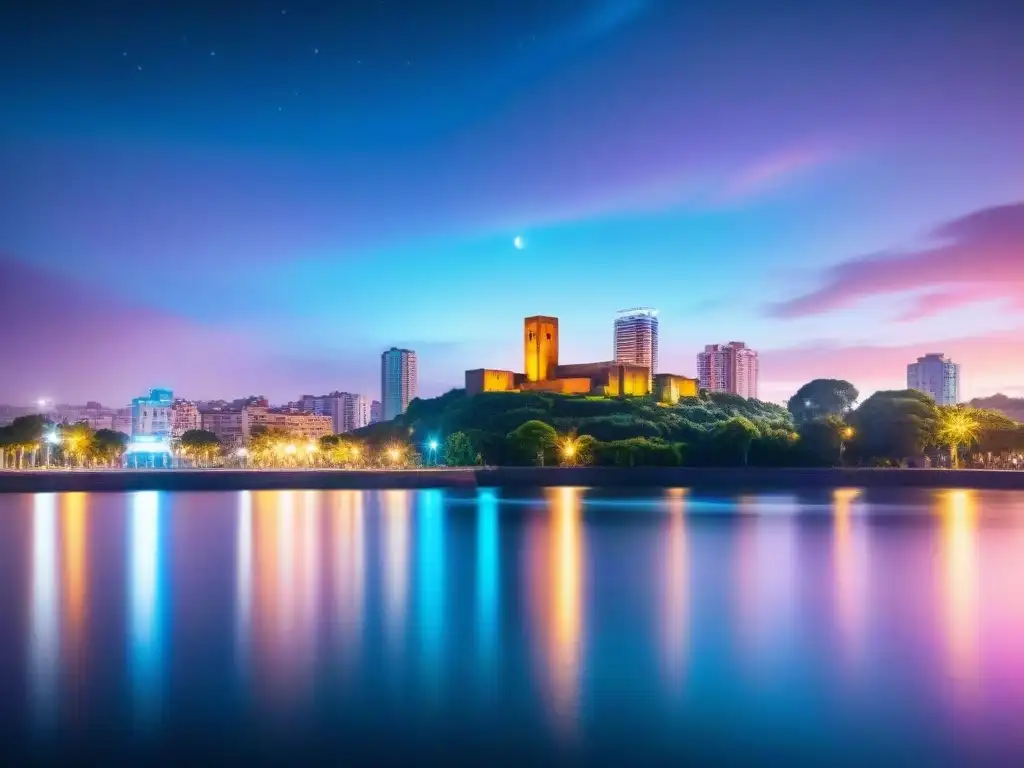 Un paisaje urbano futurista en Uruguay, con luces de neón reflejándose en el agua, bajo un cielo estrellado