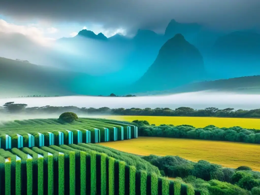 Paisaje verde de Uruguay con arte digital sostenible, fusionando tecnología y naturaleza