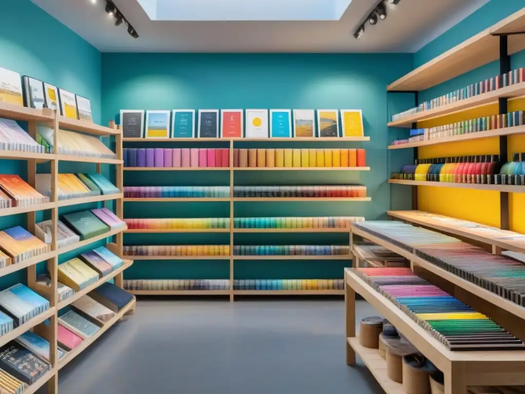 Papelería de arte contemporáneo uruguayo, tienda moderna y vibrante con coloridos materiales de arte y clientes explorando productos únicos