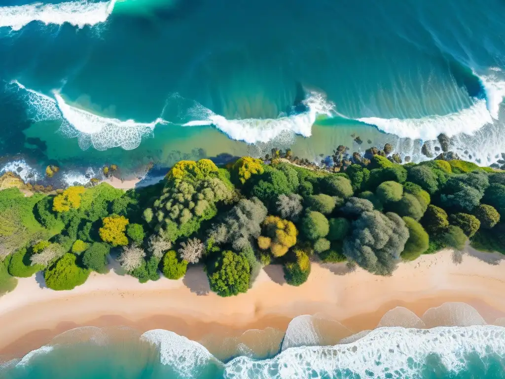 Perspectiva única de la costa de Uruguay desde un dron, mostrando el contraste entre el mar azul y la arena dorada, con surfistas y palmeras