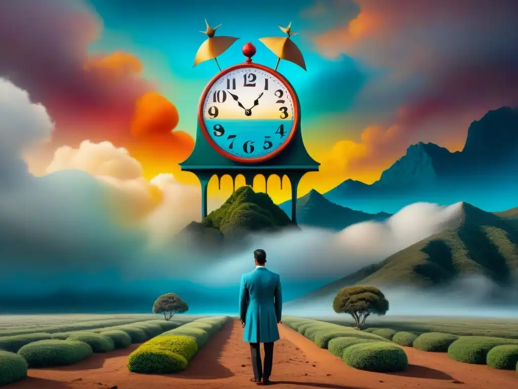 Una pintura surrealista de 'La Hora del Oráculo' de Rafael Barradas, fusionando vibrantes colores y elementos misteriosos