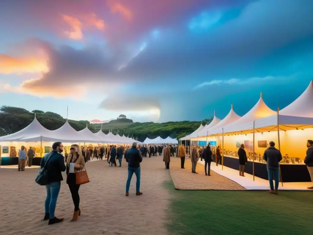 Plataformas de arte contemporáneo uruguayo en feria vibrante y bulliciosa, con obras diversas y gente disfrutando de la creatividad y comunidad