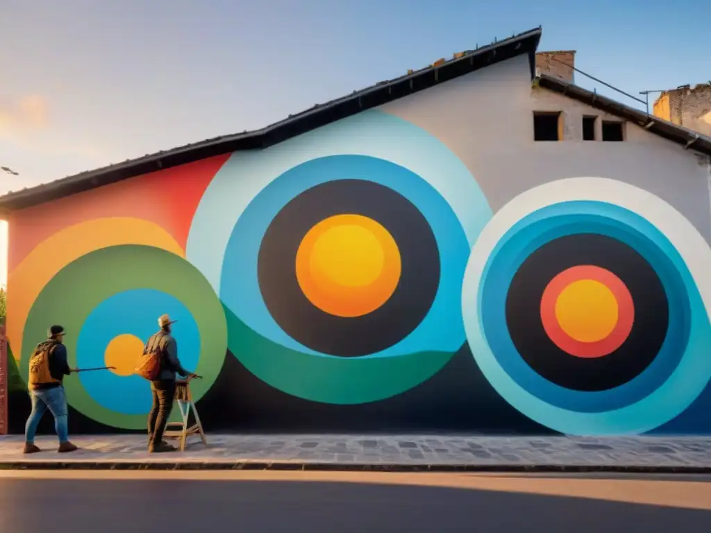 Proceso artístico colaborativo en mural urbano de Uruguay con artistas de distintas edades y fondos, pintando juntos en armonía al atardecer