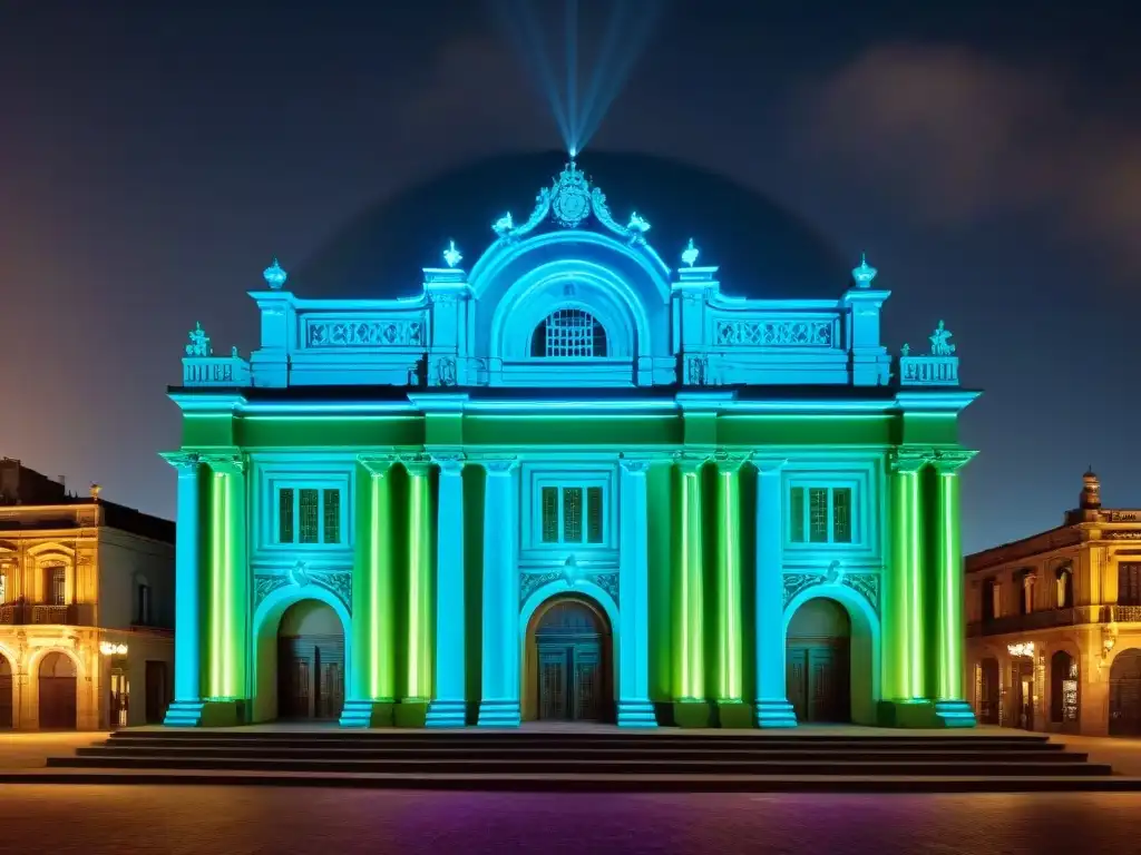 Proyección de arte contemporáneo en el Teatro Solís de Montevideo, Uruguay: fusionando luz y arquitectura en un espectáculo vibrante