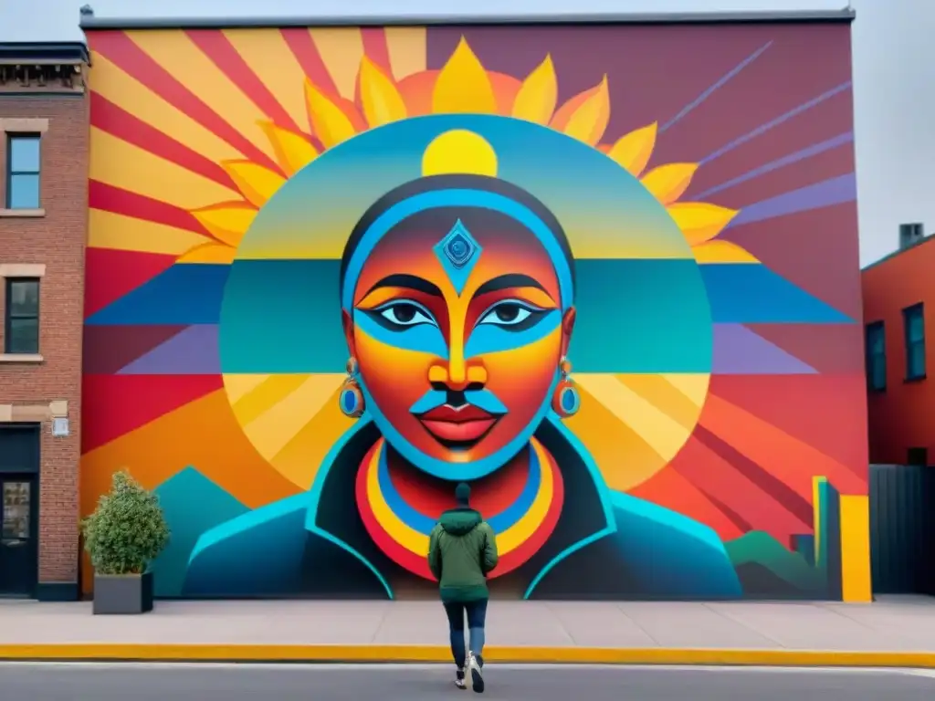 Proyecto comunitario de arte contemporáneo en Uruguay: mural vibrante y diverso con espíritu colaborativo al atardecer