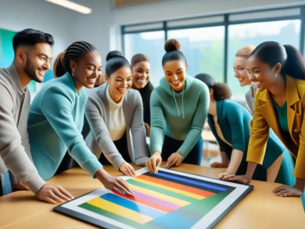 Proyectos de arte colaborativo unen estudiantes de diversas culturas en aula iluminada, fomentando teamwork y creatividad