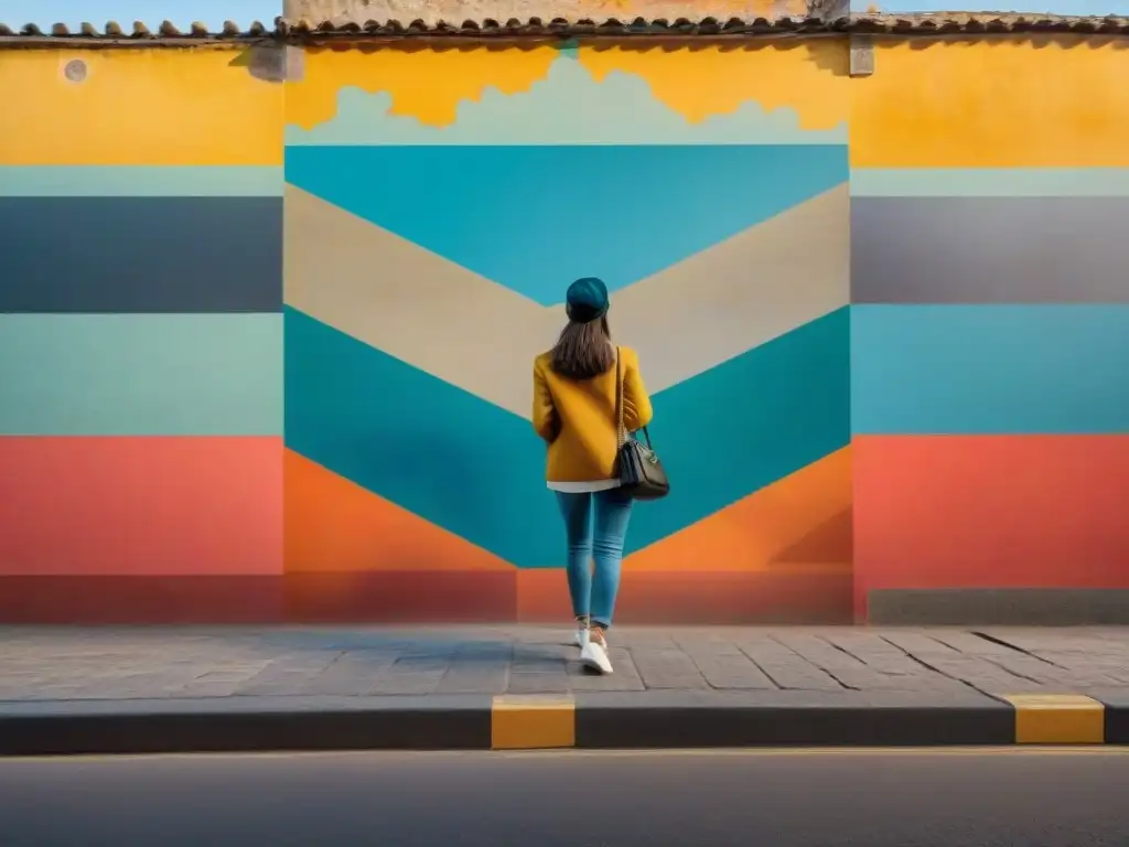 Realidad aumentada arte Uruguay: Mural histórico renovado con tecnología, colores vibrantes y detalles precisos