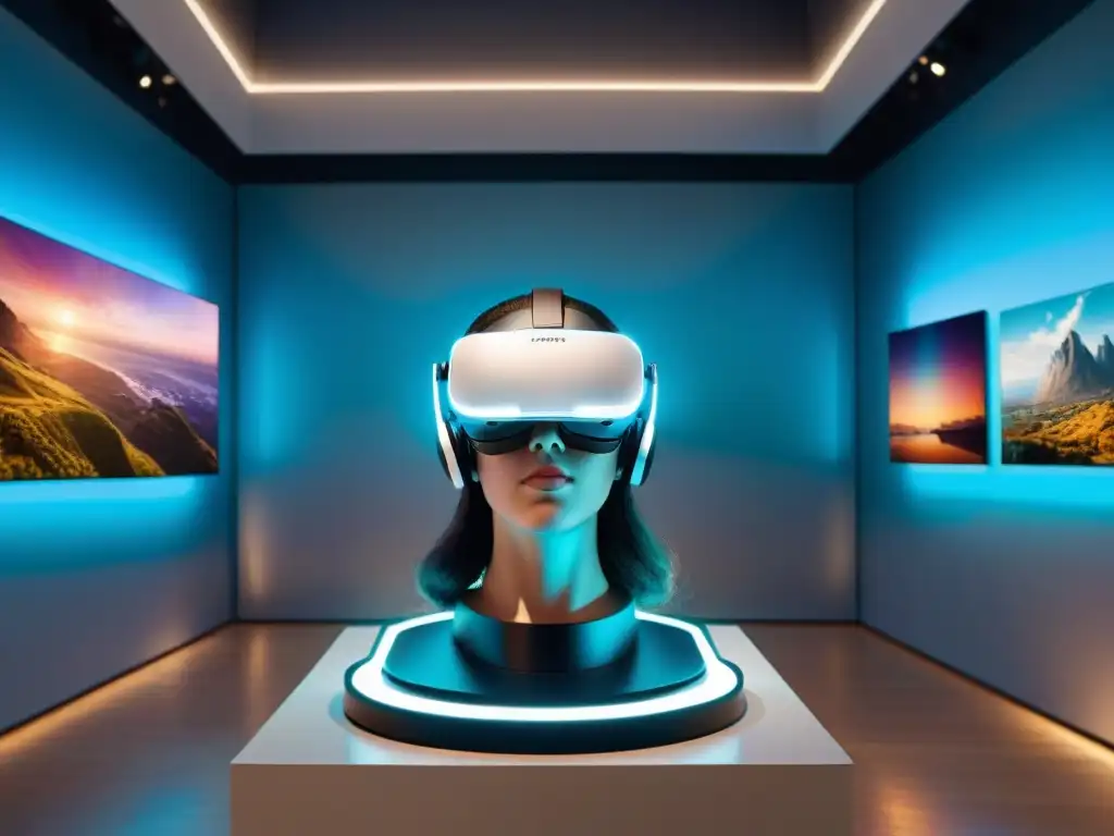 Realidad virtual arte contemporáneo Uruguay: visión futurista de un museo virtual con obras uruguayas y un headset en pedestal futurista