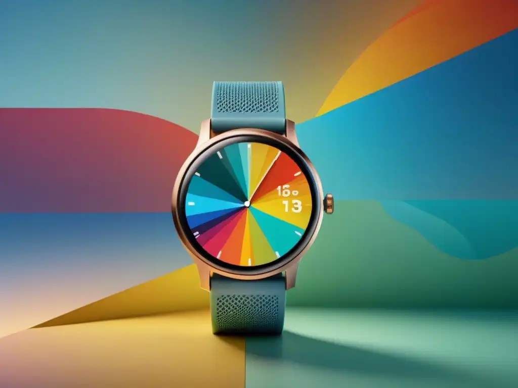 Un reloj inteligente moderno con detalles coloridos inspirados en el arte uruguayo, fusionando tecnología y creatividad