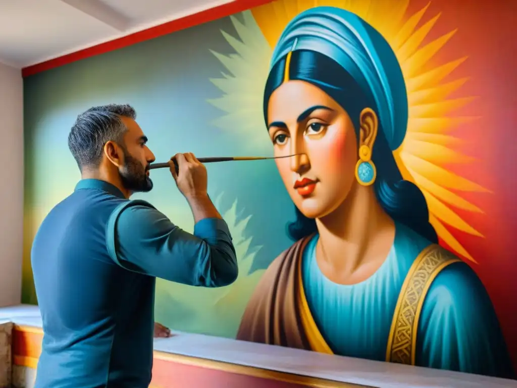 Restauración de arte contemporáneo en Uruguay: Artista restaurando con delicadeza un mural centenario, resaltando colores y pinceladas