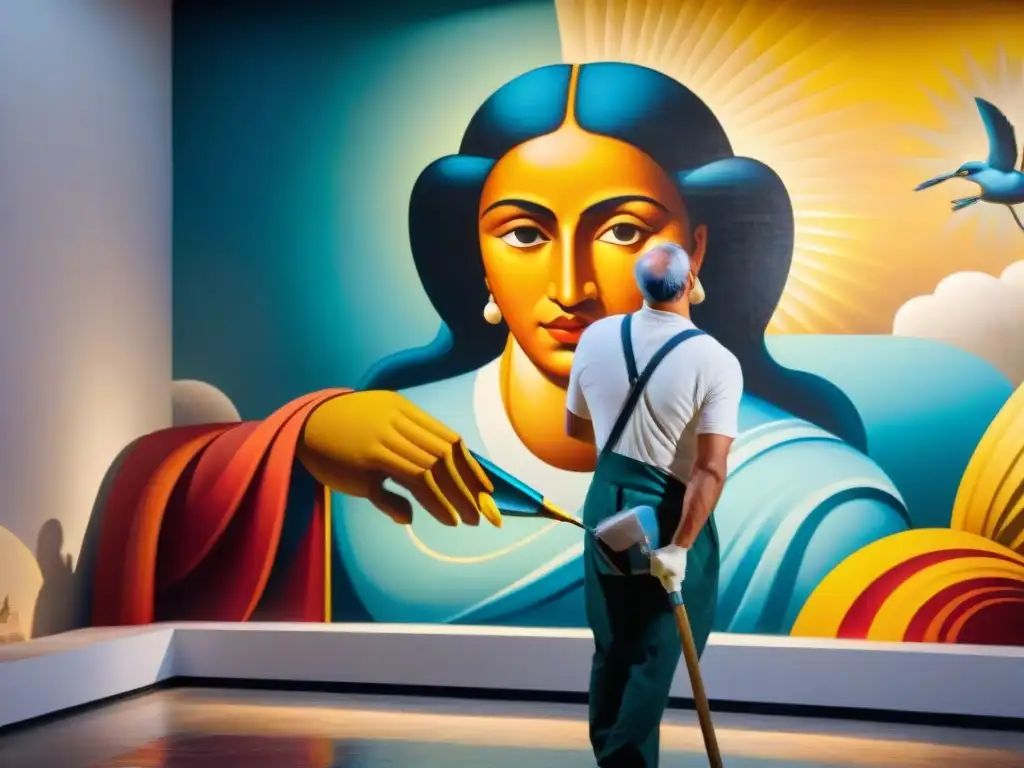 Restaurador revelando colores originales de mural uruguayo centenario bajo intensa luz del museo